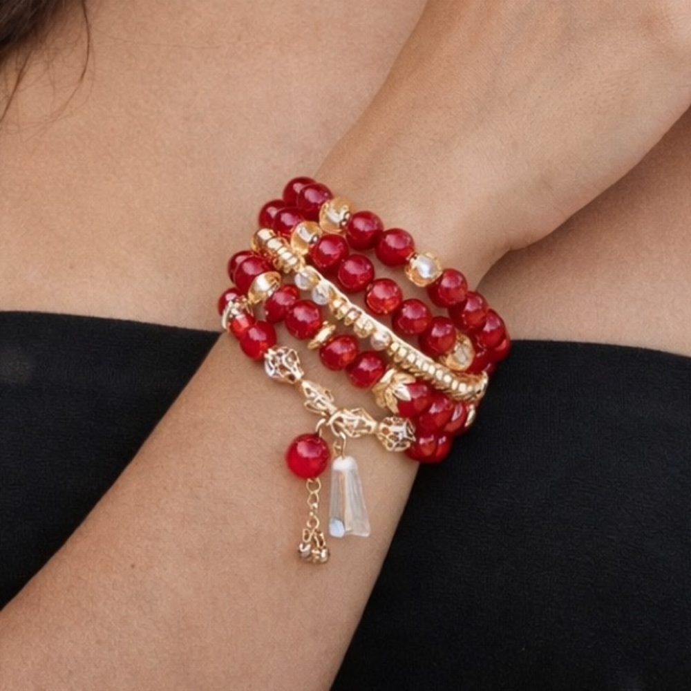 Elegant Red and Gold Beaded Bracelet Set